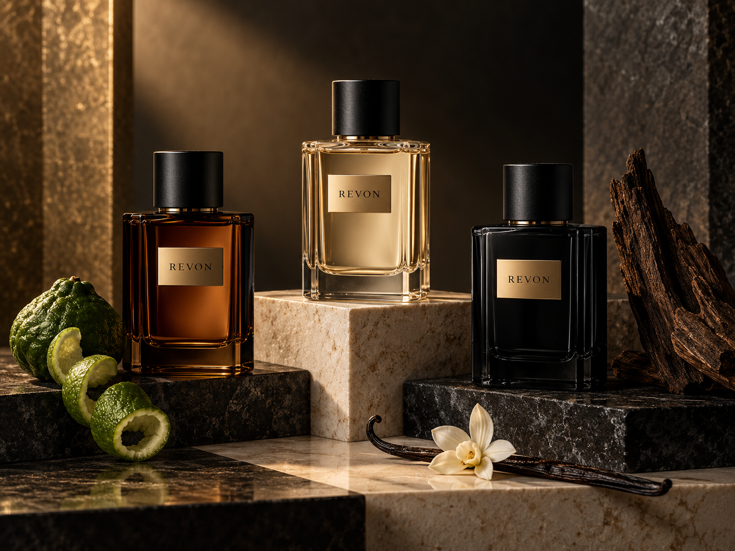 Three Revon fragrances with bergamot, vanilla and oud wood