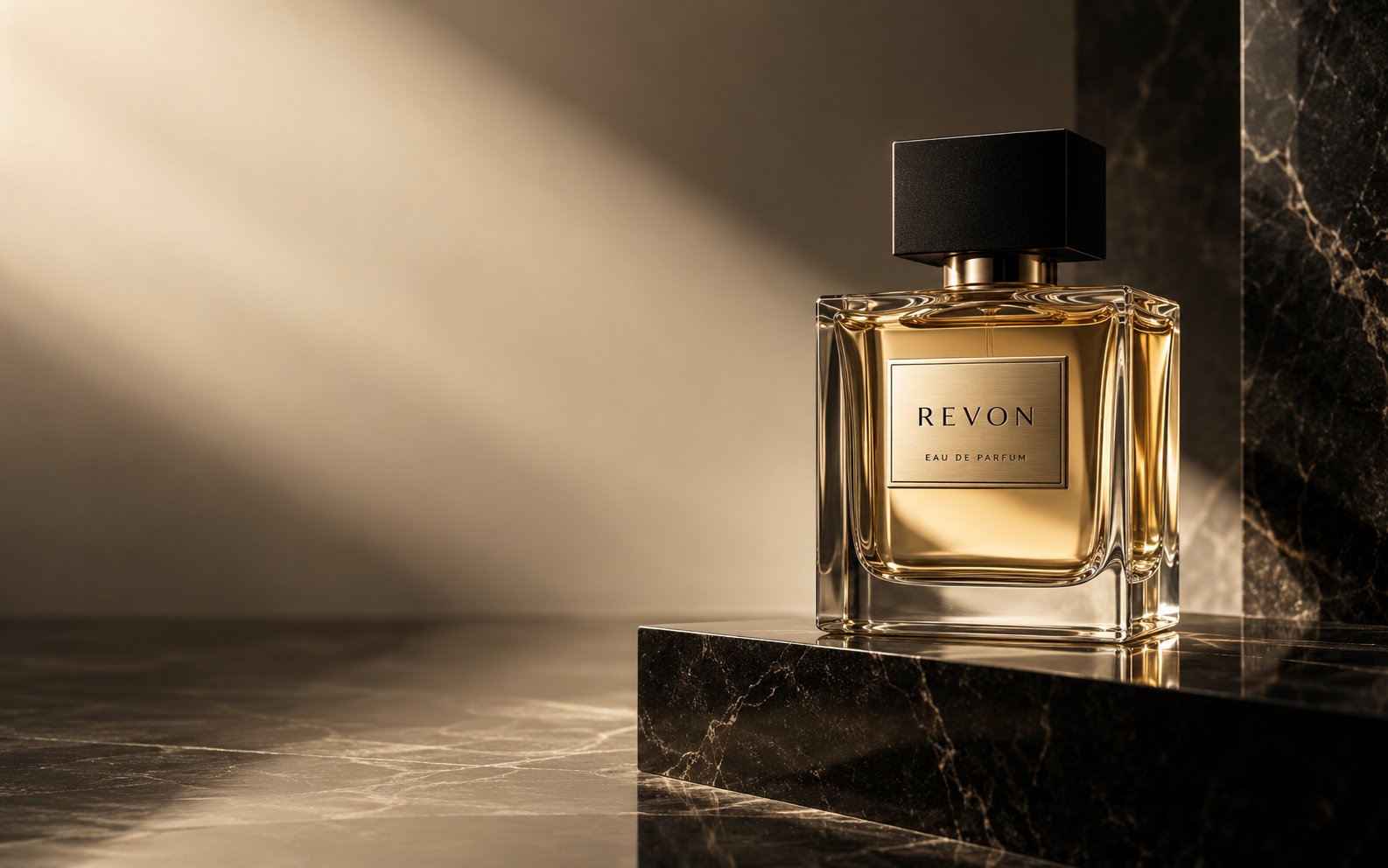 Revon Eau de Parfum bottle on a black marble pedestal